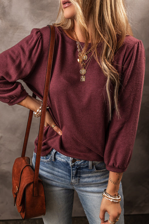 Solid Color 3/4 Sleeve Round Neck Blouse